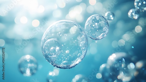 Floating water bubbles with crystal-clear soap spheres on a light blue background, featuring macro photography, bokeh effect, transparent textures, and dreamy aqua tones.