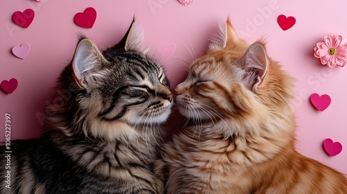 Pair of kittens touching noses, surrounded by Valentine confetti and pink flowers