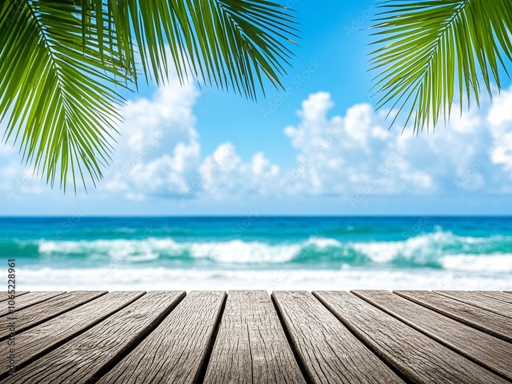 Summer tropical sea with waves, palm leaves and blue sky with clouds. Perfect vacation landscape with empty wooden table