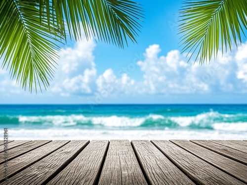 Obraz na płótnie Summer tropical sea with waves, palm leaves and blue sky with clouds. Perfect vacation landscape with empty wooden table w salonie