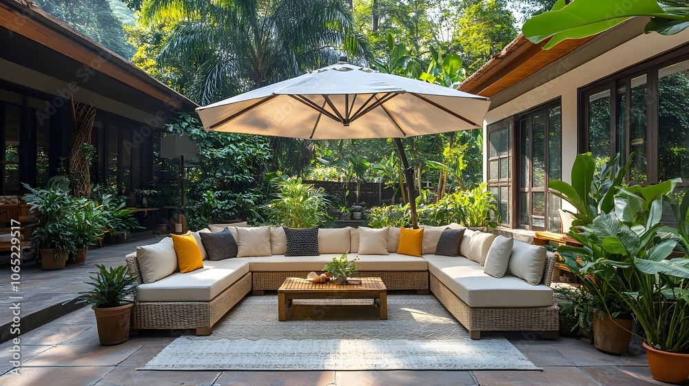 Fototapeta premium Luxury outdoor patio furniture with a modern wicker sofa set under a large cream umbrella, set in a lush tropical garden with potted plants and comfortable cushions.