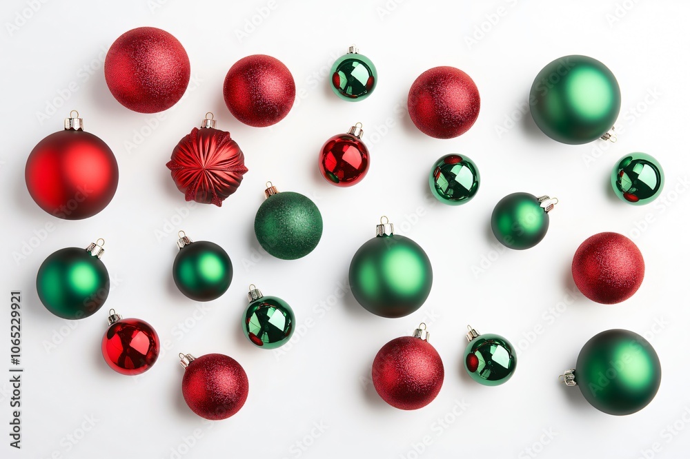 Red and green Christmas baubles lying on a white surface, forming a Christmas themed background Red and green Christmas baubles lying on a white surface, forming a Christmas themed background