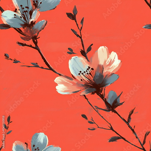A watercolor painting of delicate white and blue flowers on a vibrant coral background. The artwork features a stylized floral motif, with branches and leaves painted in a dark charcoal color. 