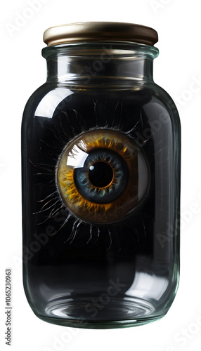 Exquisite Human Eye Displayed in a Glass Jar, Ideal for Educational Purposes and Artistic Representations photo