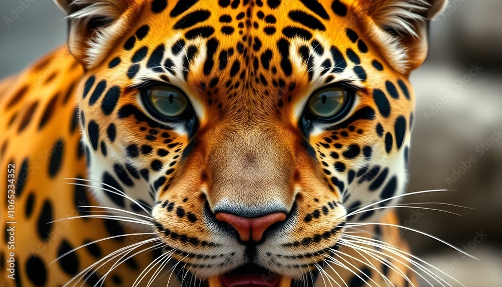 Obraz premium Close-up portrait of a fierce-looking jaguar with intense green eyes, prominent whiskers, and a distinctive spotted orange and black fur pattern