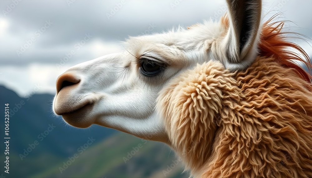 Obraz premium Close-up of Llama's Profile Showcasing Long Neck and Fluffy Fur Against Mountainous Landscape