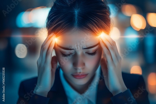 woman holding her head with her hands, headache migraine. Generated by ai