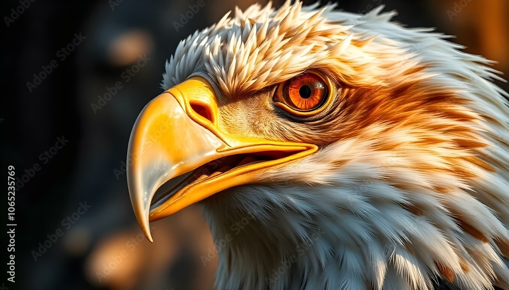 Fototapeta premium Bald Eagle close-up showcasing intricate feather details, sharp beak, eyes with blurred background