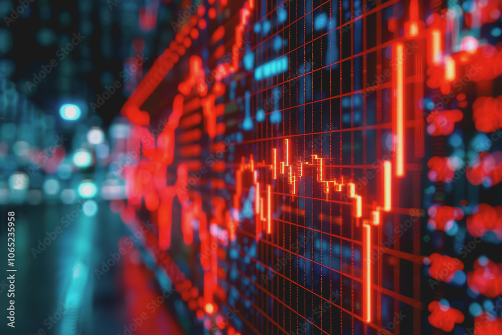 Fototapeta premium The stock falling graph on the digital screen emphasizes sudden declines and negative indicators.