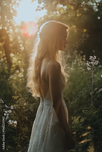 Wallpaper Mural A graceful woman stands in a sunlit forest, surrounded by delicate flowers, embodying elegance and nature. Torontodigital.ca