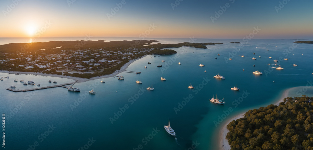 Fototapeta premium A Low Oblique Aerial View of Crab Island Boats Crowd the Vibrant Sandbar.