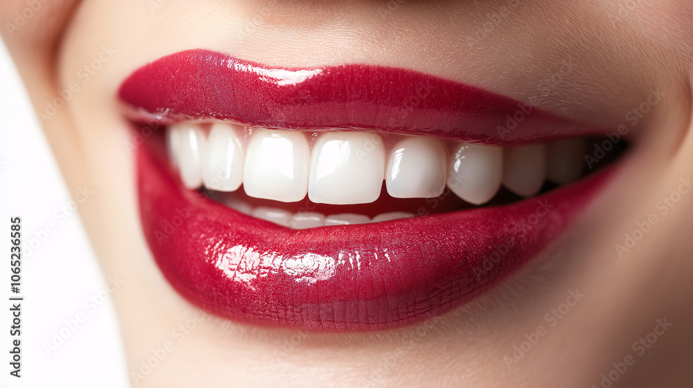 Fototapeta premium Close up of a Woman s Smile with Red Lipstick and Bright White Teeth