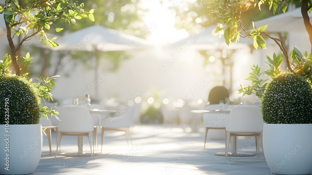 Fototapeta premium Outdoor café terrace bathed in bright sunlight with white garden umbrellas, modern white furniture, potted topiary plants, and a clean minimalist design for an elegant dining space.