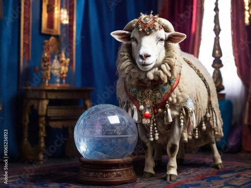 animal sheep fortune teller with crystal magic ball AI generated