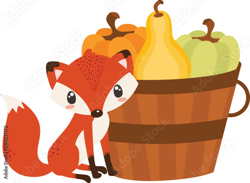 Fall Autumn, harvest, fox with barrel of pumpkins