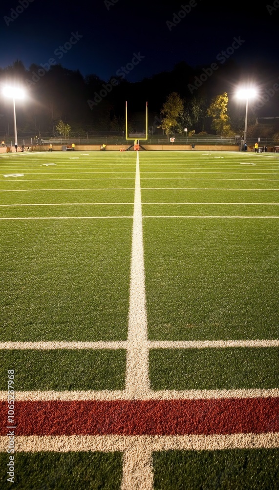 Fototapeta premium Empty Football Field Illuminated at Night With Bright Stadium Lights, Game Day Atmosphere