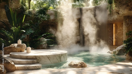 Marble Podium for Skincare Product Display Nestled Beside Gently Steaming Hot Spring Surrounded by Smooth Rocks and Lush Foliage Evoking a Serene and Relaxing Spa like Atmosphere photo