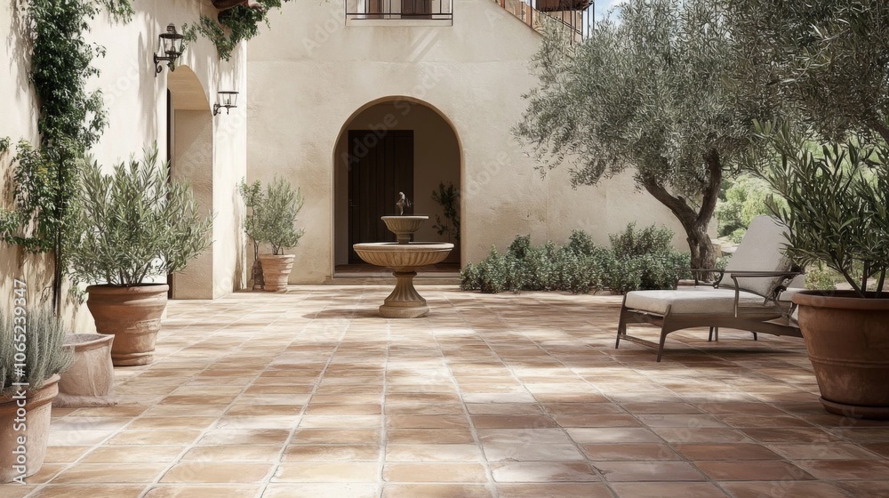 Fototapeta premium Mediterranean Style Patio with Terracotta Tiles, Small Fountain, Potted Olive Trees