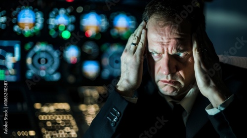 Frustrated pilot in cockpit, holding head, showing stress & pilot error with blurred flight controls background.