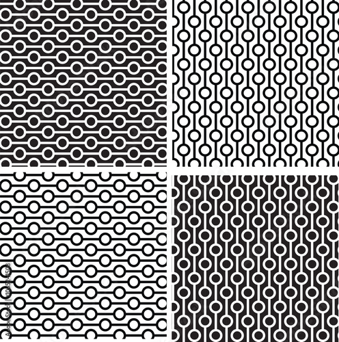 Abstract geometric seamless black white vector stripe pattern with circles