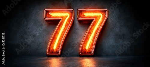 Number 77 Made of Neon Light Tubes on Concrete Wall Background with Copy Space. 3D Illustration. photo