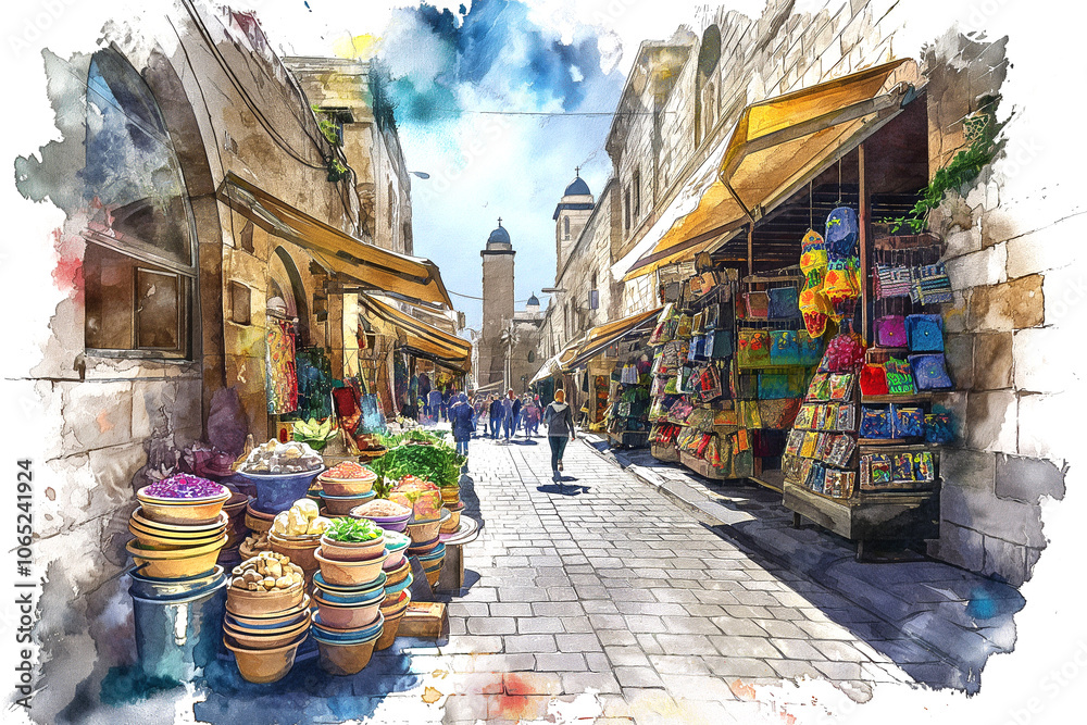 Fototapeta premium Watercolor illustration of Jerusalem street. Vibrant view of the souvenir market in the old city, filled with colorful trinkets and historic charm.