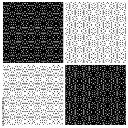 Abstract geometric seamless black white outline vector stripe pattern with diamonds