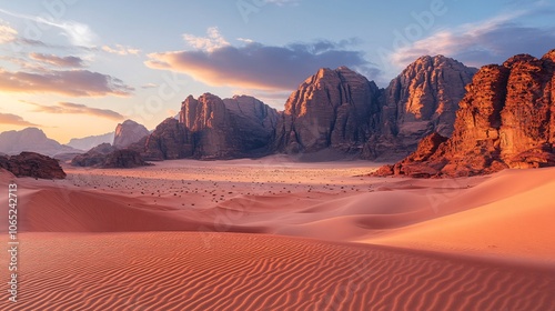 Breathtaking Landscape of Wadi Rum Desert at Dusk Capturing Majestic Rock Formations and Gentle Sand Dunes photo