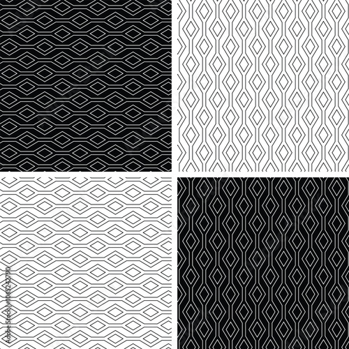 Abstract geometric seamless black white outline vector stripe pattern with diamonds