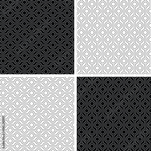 Abstract geometric seamless black white outline vector stripe pattern with circles