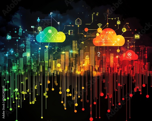 An artistic city skyline featuring cloud computing symbols and digital connections, illustrating the integration of advanced technology in contemporary urban settings photo