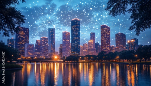 Captivating city skyline with intricate digital connections and cloud computing icons, symbolizing the transformation of urban environments through innovative technology