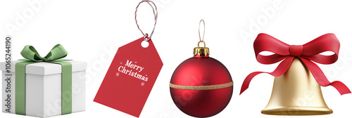 christmas gift box with ribbon, Christmas Bells, tag Marry Chrismas isolated on transparent background PNG, Christmas decoration