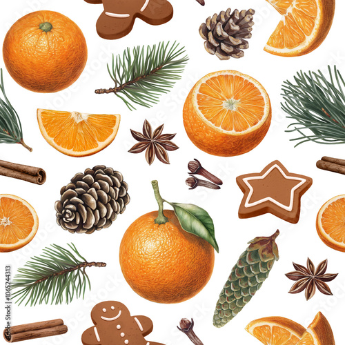 Christmas pattern design with oranges, pine tree cones, branches, spices and cookie. Hygge time. Perfect for wrapping paper, packaging design, seasonal textile and other printed goods