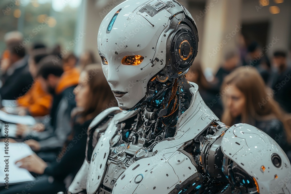 Fototapeta premium A White Humanoid Robot in a Crowd of People