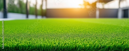 Vibrant green grass close-up under soft sunset lighting, showcasing a lush and fresh outdoor ambiance. photo