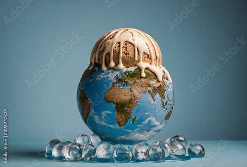 Climate change symbolized by melting ice cream globe photo