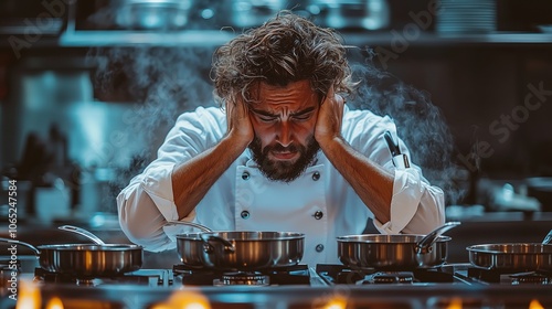 Chef in a Busy Kitchen Stressfully Managing Orders photo