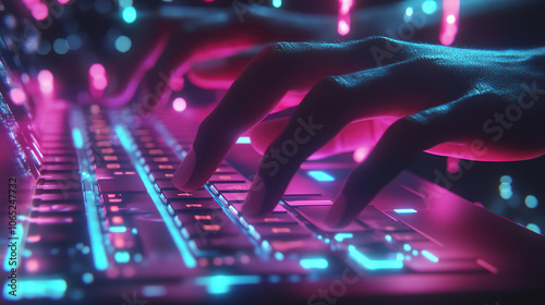 Close-Up of Hacker's Hands on Futuristic Keyboard