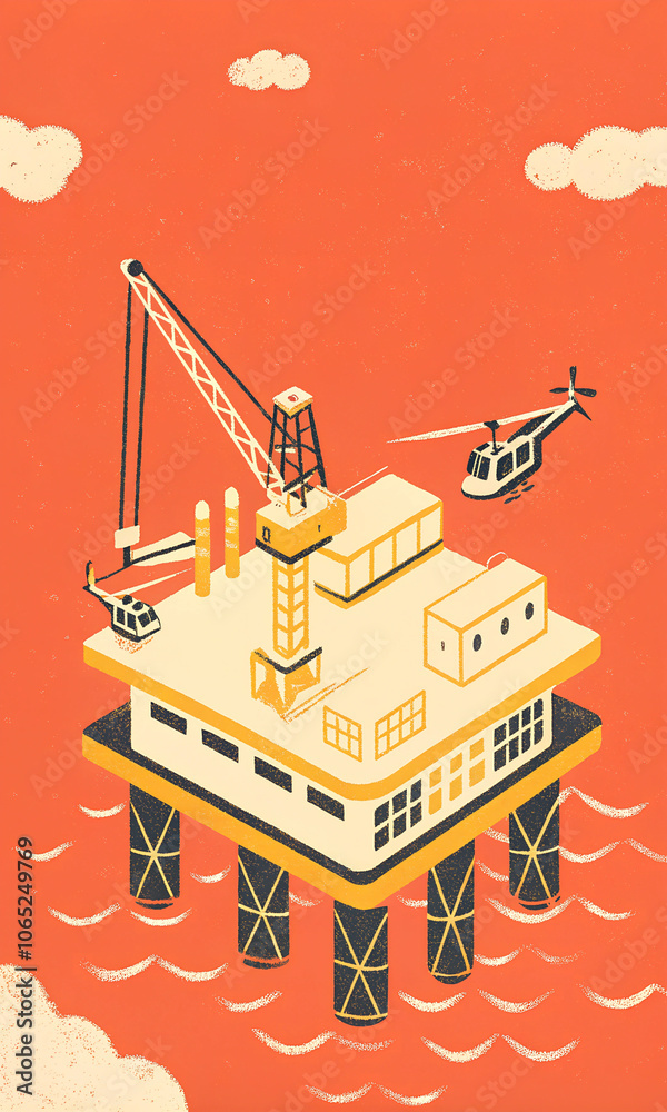 Naklejka premium Offshore Oil Rig with Helicopter and Crane on Vibrant Ocean Background