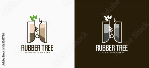 Rubber tree logo design with sap drop symbol, rubber plantation logo vector illustration