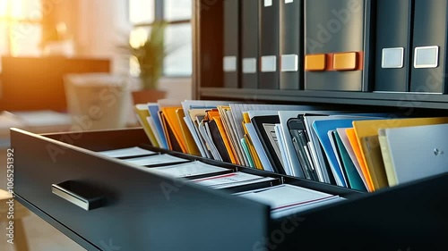 Close-up of an open drawer in a modern file storage cabinet, with multicolored folders and labeled paperwork meticulously arranged, representing detailed corporate finance manageme photo