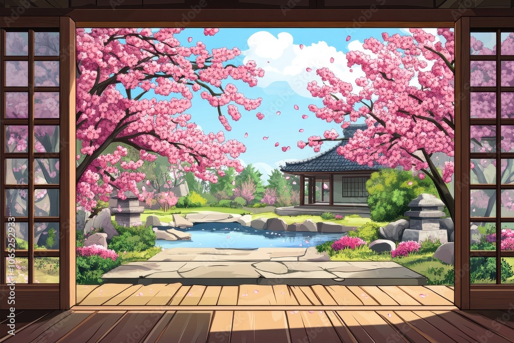 View a tranquil japanese garden with soft pink cherry trees from a snug home equipped with a timber patio and railing. Cartoon-style image showcasing a lively spring park