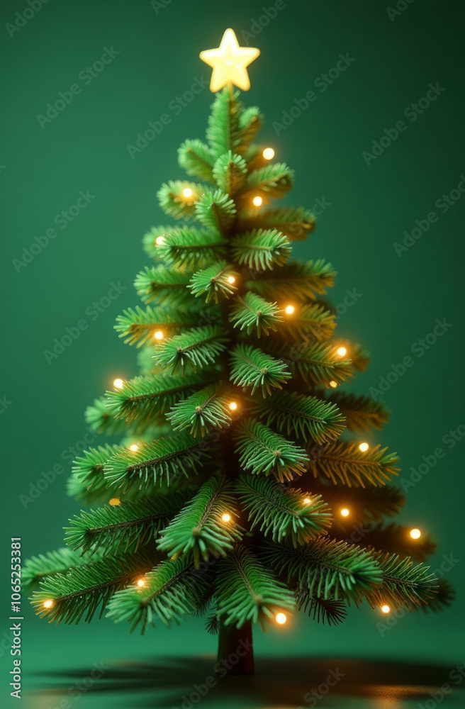 Festive christmas tree with glowing lights and star against green background Festive christmas tree with glowing lights and star against green background