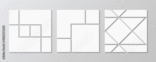 Gallery banner portfolio. Photo moodboard set. Set of mosaic pictures geometric frames. Collage layout collection template. Mood board grid. Album brandboard. Organised. Vector illustration