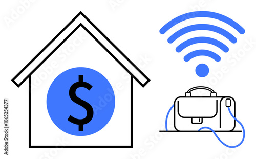 House with dollar sign inside, briefcase connected to wireless symbol. Ideal for remote work, telecommuting, home office, business savings, online meetings, financial planning, technology use. Line