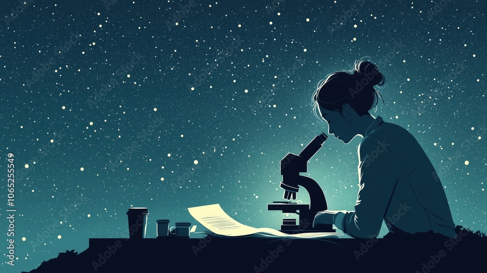 Fototapeta premium Late Night Scientist Using Microscope Under Starry Sky