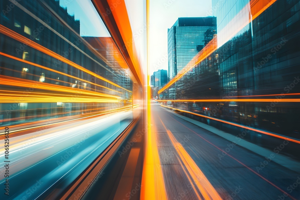 As dusk descends, bright streaks of light illustrate the speed of vehicles traveling through a vibrant urban environment surrounded by tall buildings