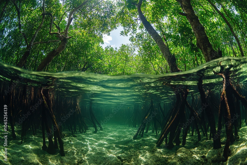 Obraz premium Aerial view of vibrant mangrove ecosystems. Natural carbon sinks. Mangrove vegetation absorbs co2. Coastal carbon ecosystems. Mangrove environments lower carbon footprint
