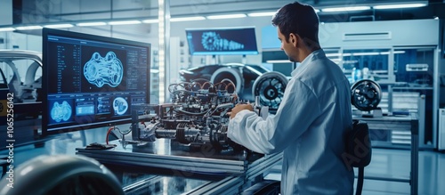 A skilled engineer is developing a cuttingedge automotive engine in a stateoftheart lab. It showcases modern design, precision technology, and groundbreaking vehicular innovation